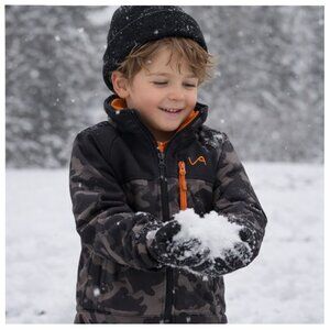 Camo Jacket Kids M 8/10 Black Gray Orange Zip-Up Activewear Y2K Outerwear Hiking